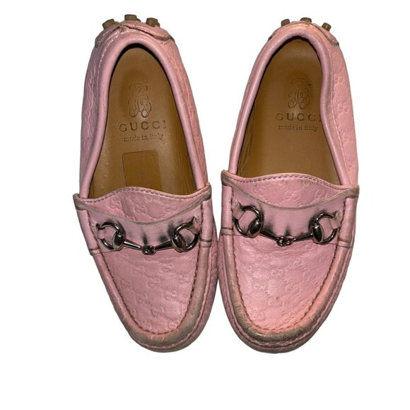 Gucci pink GG logo imprint leather GIRLS driving Italian moccasins 37 5 - Picture 2 of 6